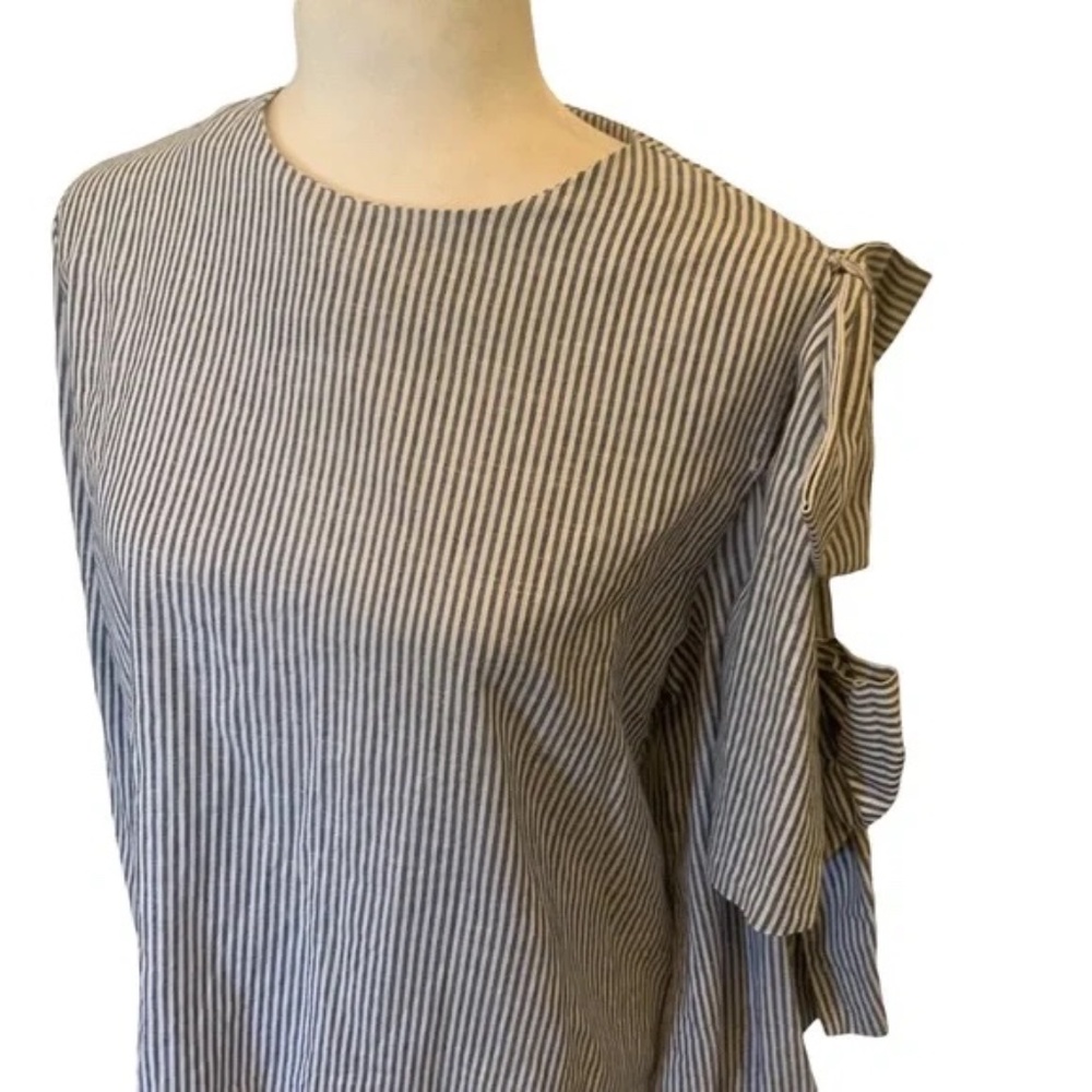 Storets Angelay Double Ribbon Bow Long Sleeve Blue White Striped Blouse M Top - Picture 4 of 5